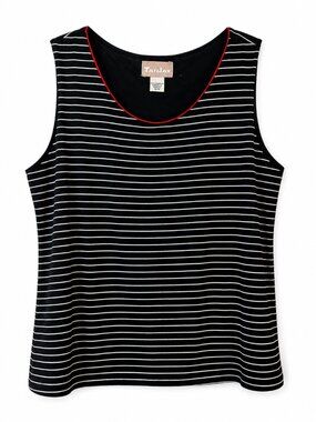 Tanjay Striped‎ Sleeveless Top – Black/White w/ Red Trim | Size Medium